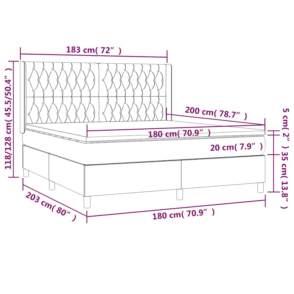 vidaXL Κρεβάτι Boxspring με Στρώμα & LED Σκ. Πράσινο 180x200εκ Βελούδο