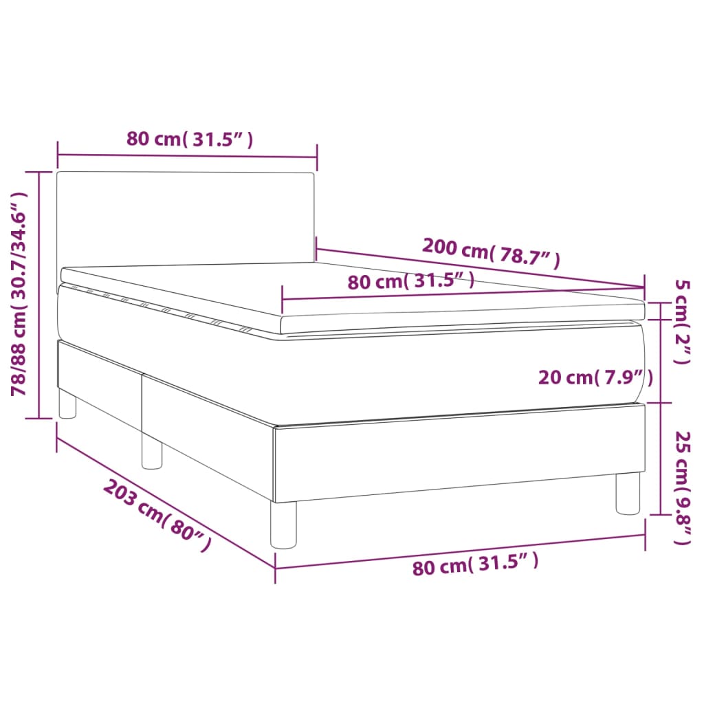 vidaXL Κρεβάτι Boxspring με Στρώμα & LED Αν.Γκρι 80x200 εκ. Υφασμάτινο