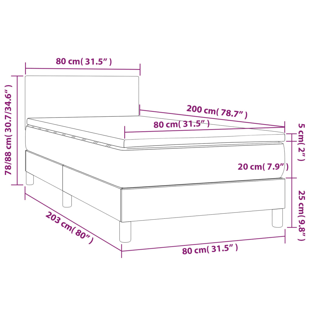 vidaXL Κρεβάτι Boxspring με Στρώμα & LED Σκ.Γκρι 80x200 εκ. Υφασμάτινο