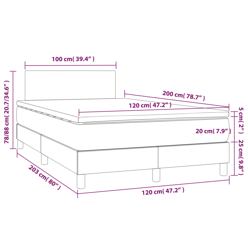 vidaXL Κρεβάτι Boxspring με Στρώμα & LED Taupe 120x200 εκ. Υφασμάτινο