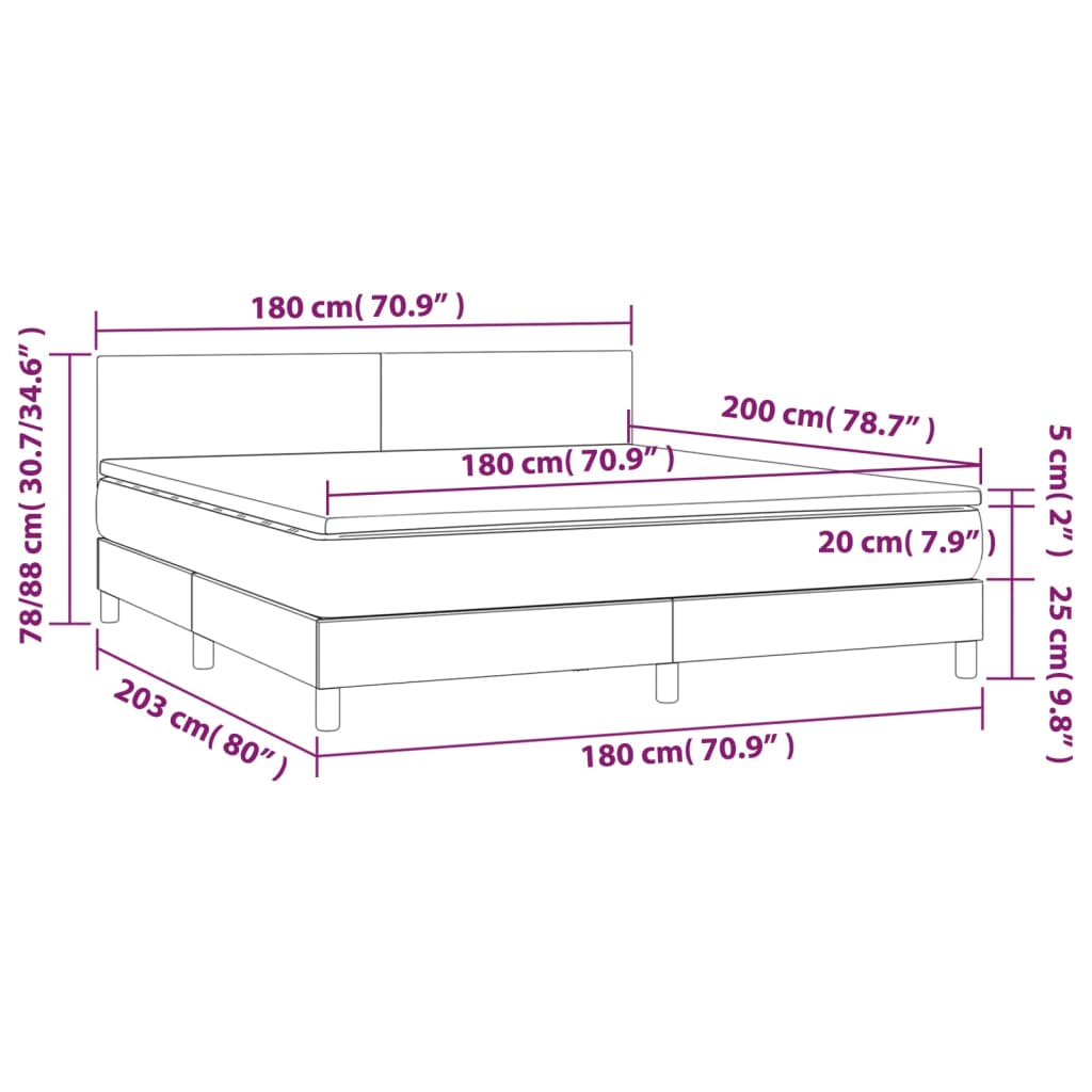 vidaXL Κρεβάτι Boxspring με Στρώμα & LED Σκ.Καφέ 180x200εκ. Υφασμάτινο