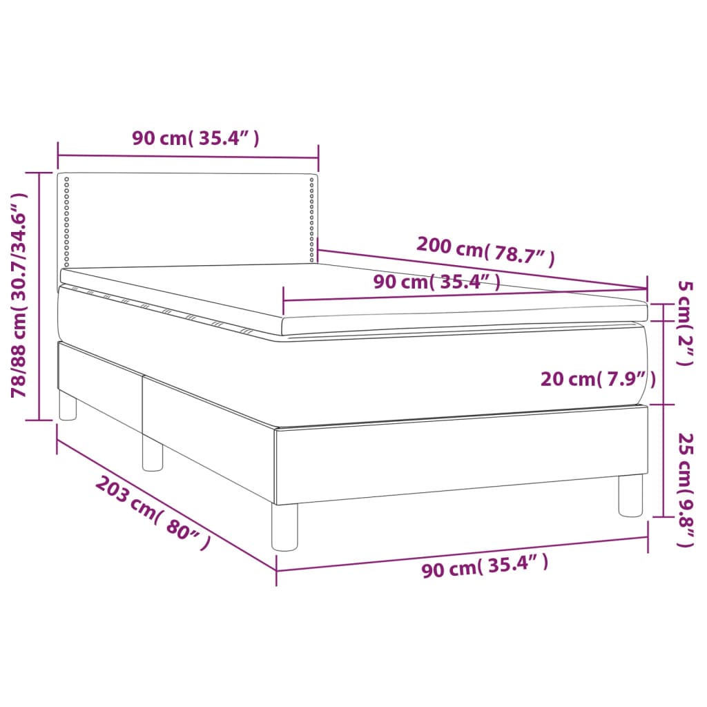 vidaXL Κρεβάτι Boxspring με Στρώμα & LED Taupe 90x200 εκ. Υφασμάτινο