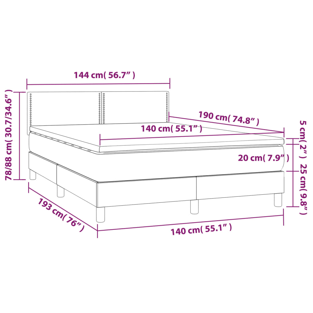 vidaXL Κρεβάτι Boxspring με Στρώμα & LED Μαύρο 140x190 εκ. Υφασμάτινο