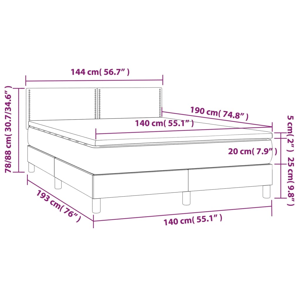 vidaXL Κρεβάτι Boxspring με Στρώμα & LED Σκ.Καφέ 140x190 εκ Υφασμάτινο