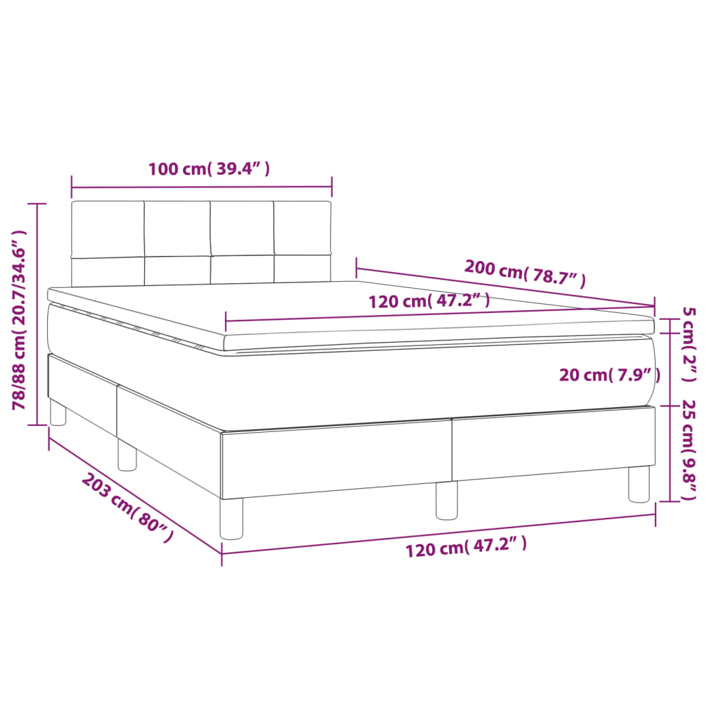 vidaXL Κρεβάτι Boxspring με Στρώμα & LED Σκ.Γκρι 120x200 εκ Υφασμάτινο