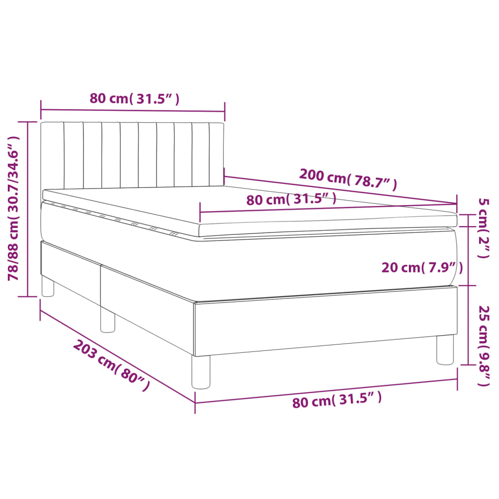 vidaXL Κρεβάτι Boxspring με Στρώμα & LED Κρεμ 80x200 εκ. Υφασμάτινο