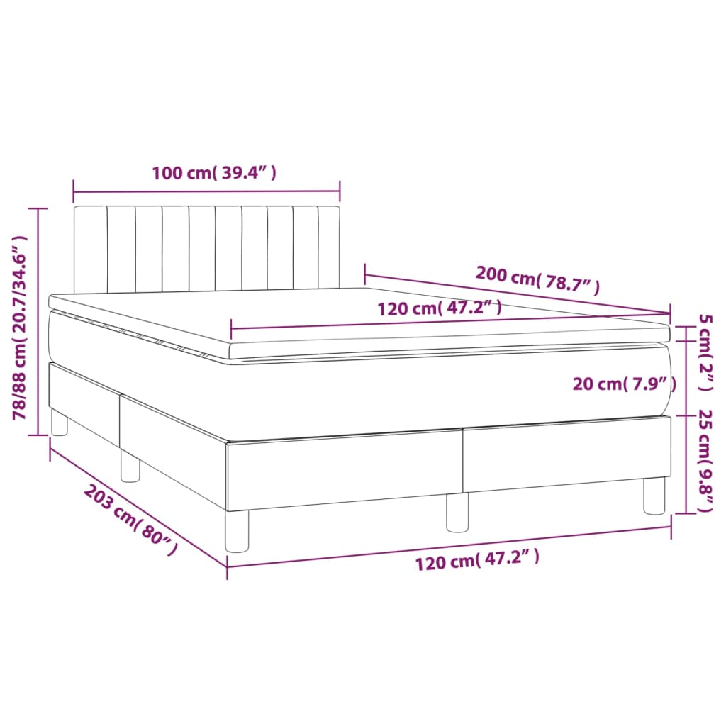vidaXL Κρεβάτι Boxspring με Στρώμα & LED Κρεμ 120x200 εκ. Υφασμάτινο