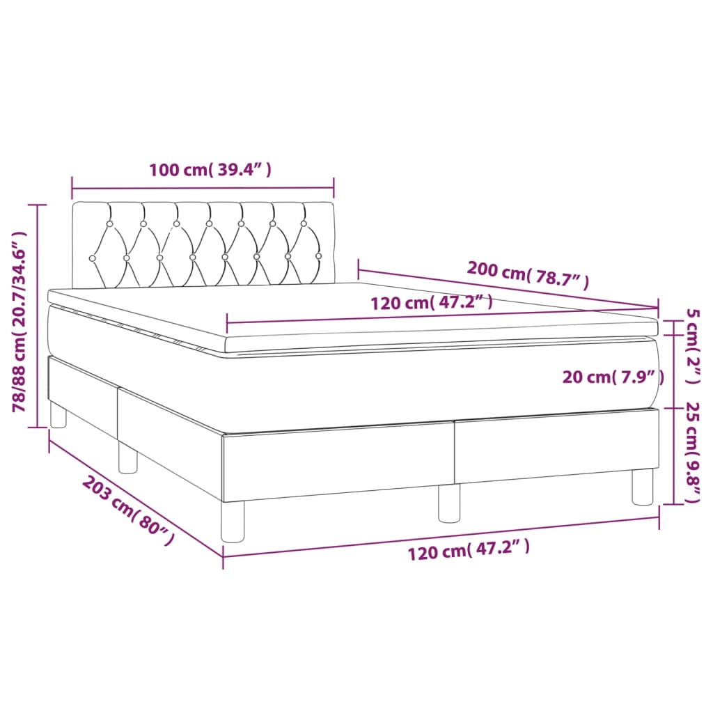 vidaXL Κρεβάτι Boxspring με Στρώμα & LED Μπλε 120x200 εκ. Υφασμάτινο