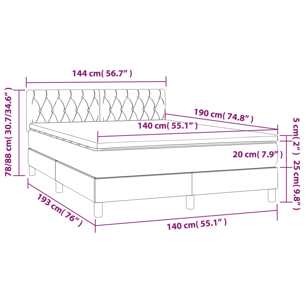 vidaXL Κρεβάτι Boxspring με Στρώμα & LED Σκ.Γκρι 140x190 εκ Υφασμάτινο