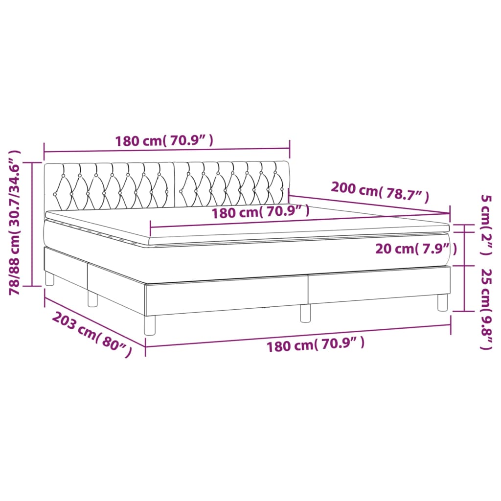 vidaXL Κρεβάτι Boxspring με Στρώμα & LED Κρεμ 180x200 εκ. Υφασμάτινο