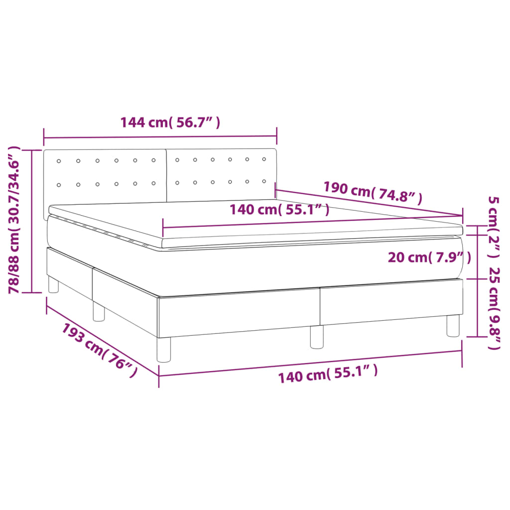 vidaXL Κρεβάτι Boxspring με Στρώμα & LED Σκ.Γκρι 140x190 εκ Υφασμάτινο
