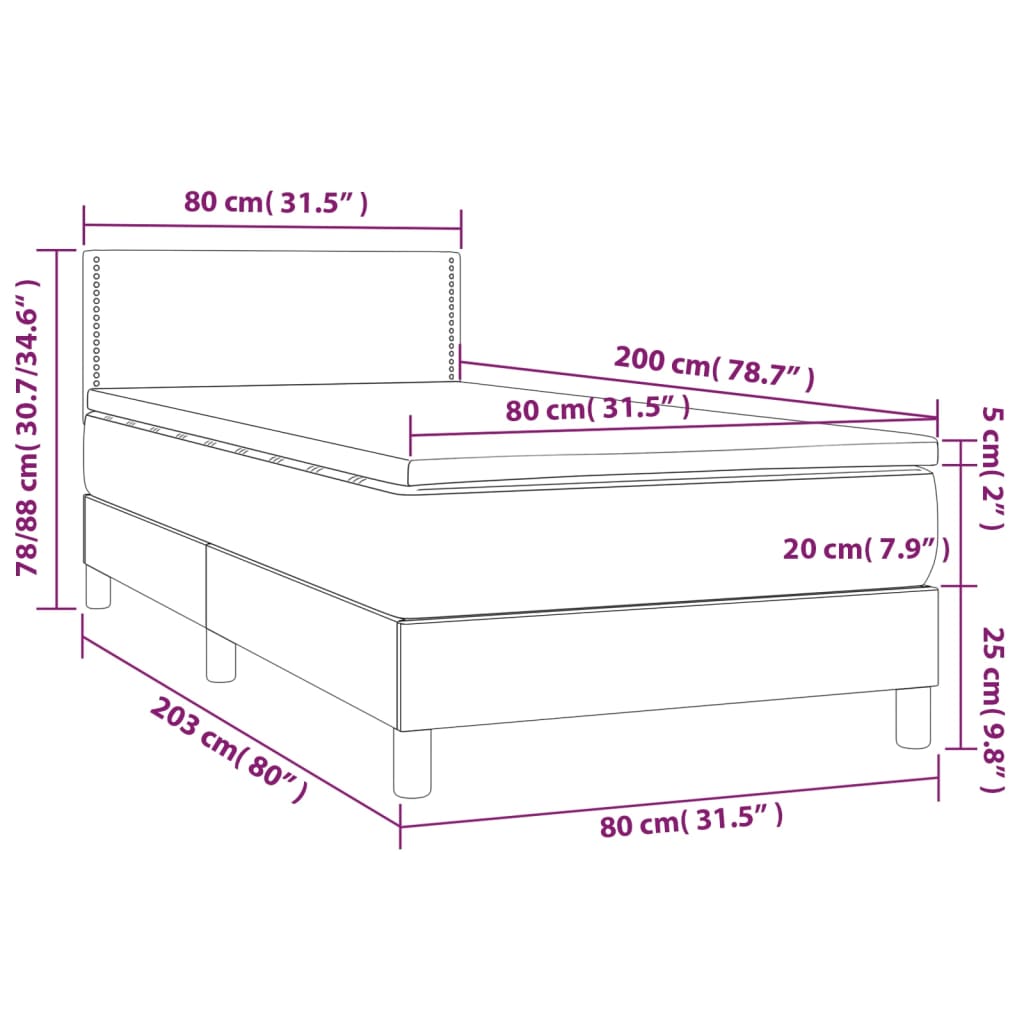 vidaXL Κρεβάτι Boxspring με Στρώμα & LED Μαύρο 80x200 εκ. Υφασμάτινο