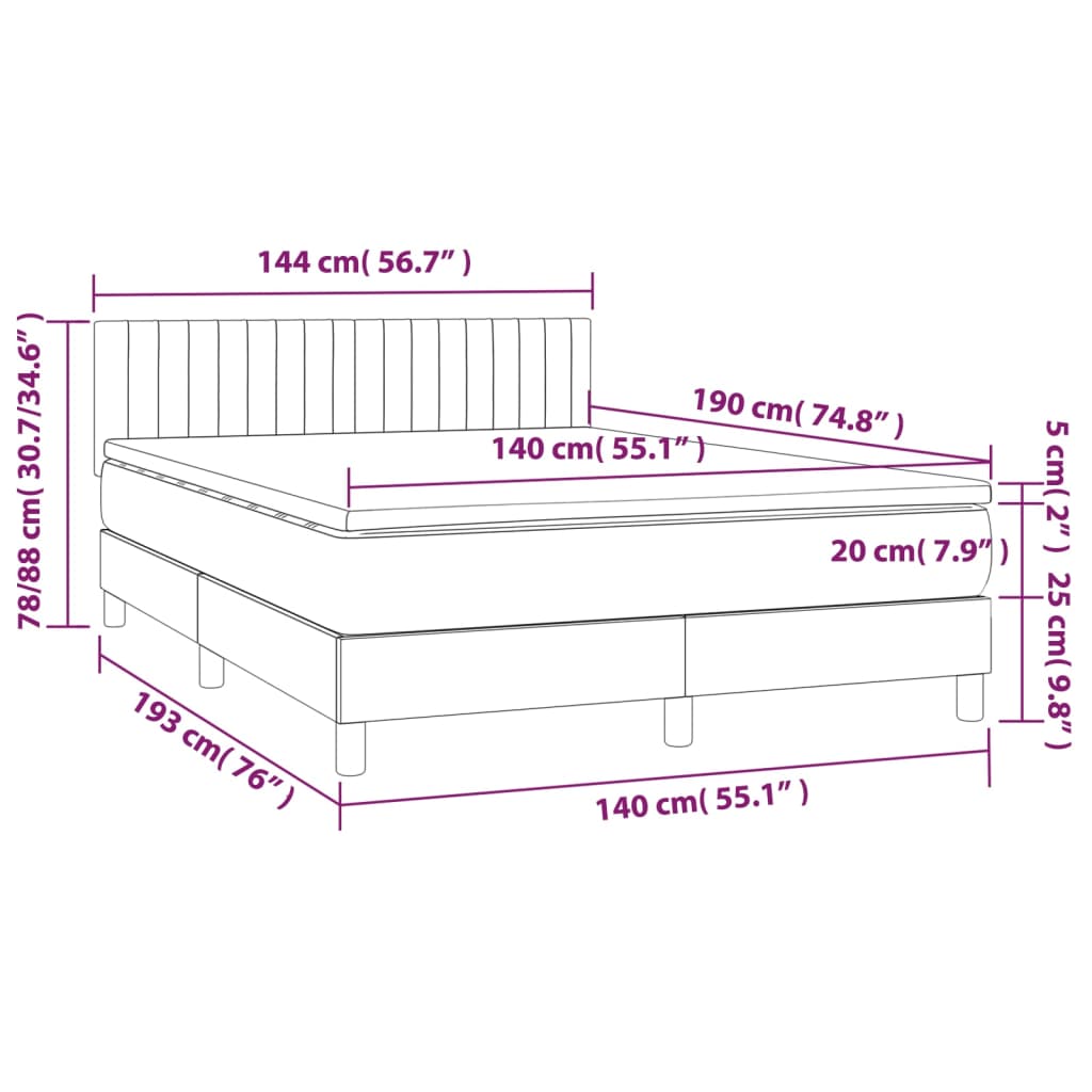 vidaXL Κρεβάτι Boxspring με Στρώμα & LED Μαύρο 140x190 εκ. Υφασμάτινο