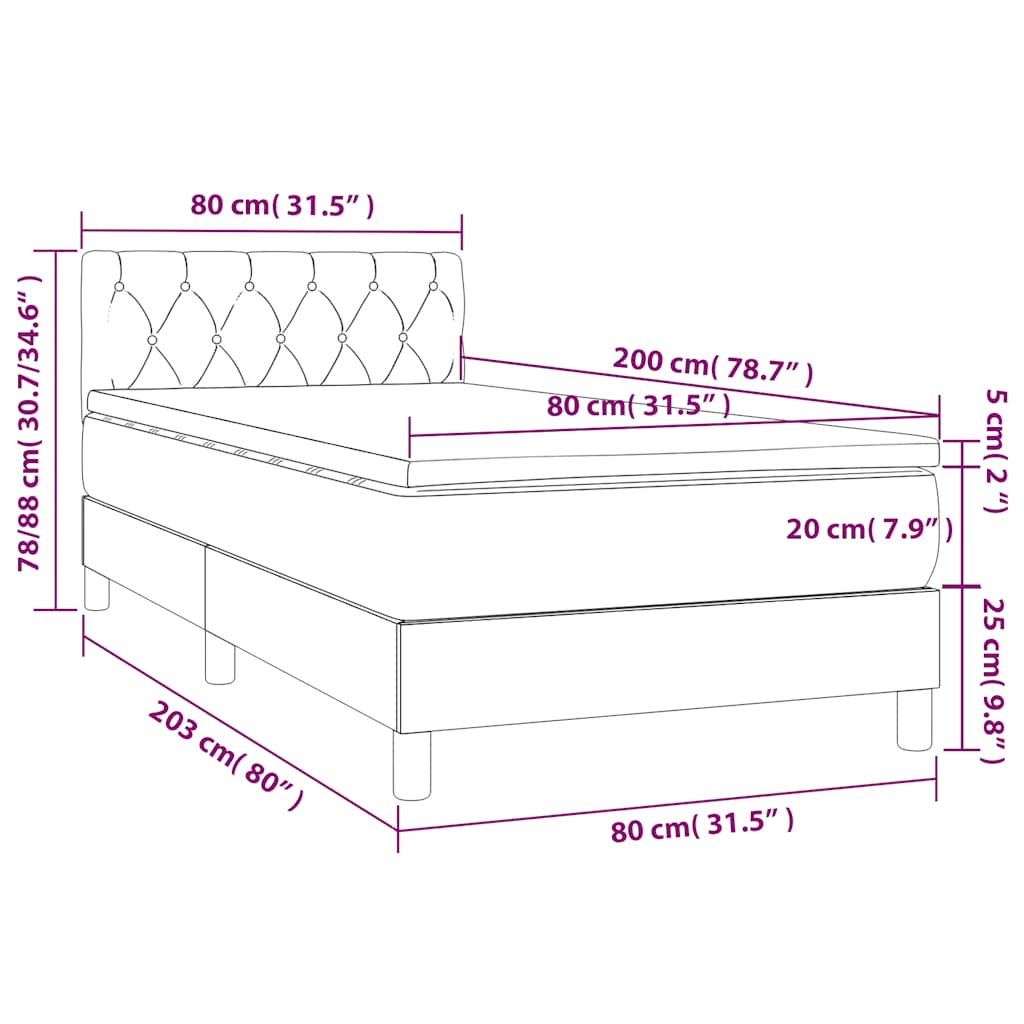 vidaXL Κρεβάτι Boxspring με Στρώμα & LED Μαύρο 80x200 εκ. Υφασμάτινο