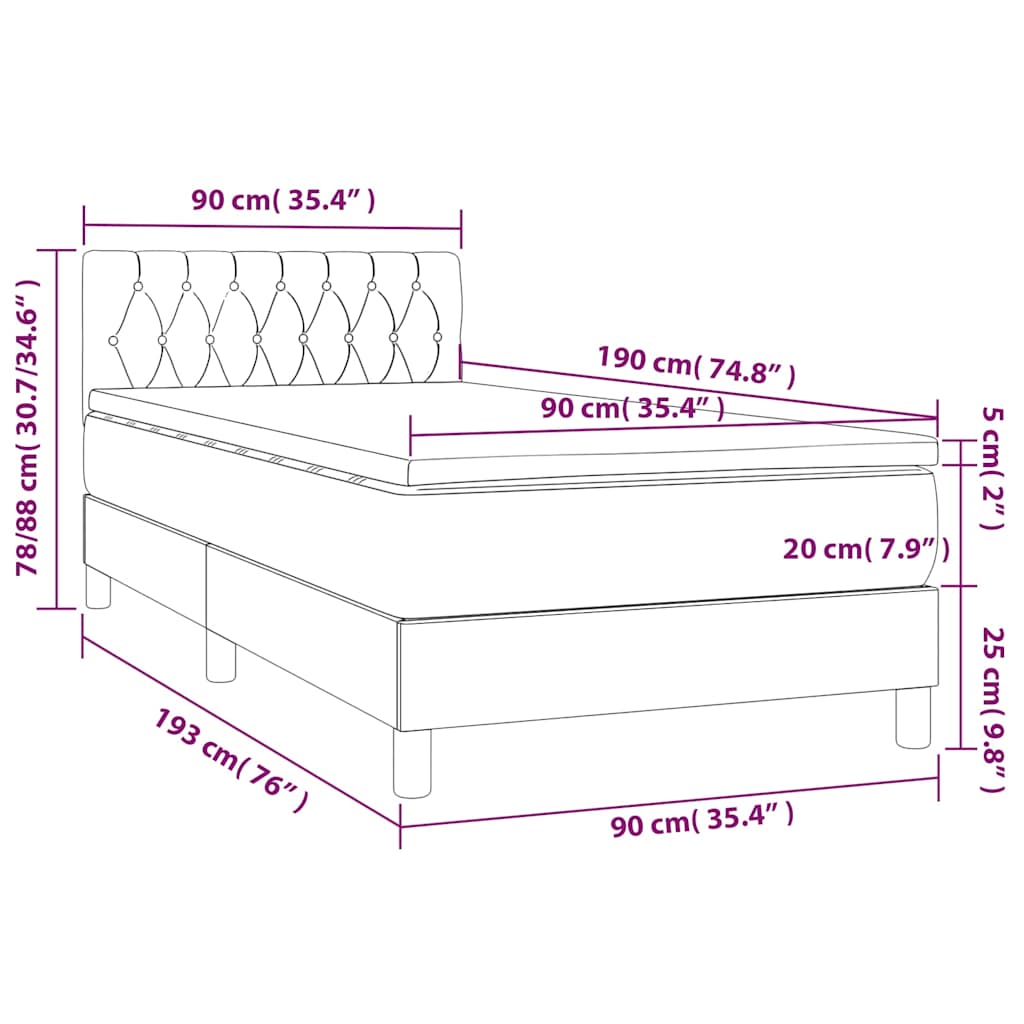 vidaXL Κρεβάτι Boxspring με Στρώμα & LED Μαύρο 90x190 εκ. Υφασμάτινο