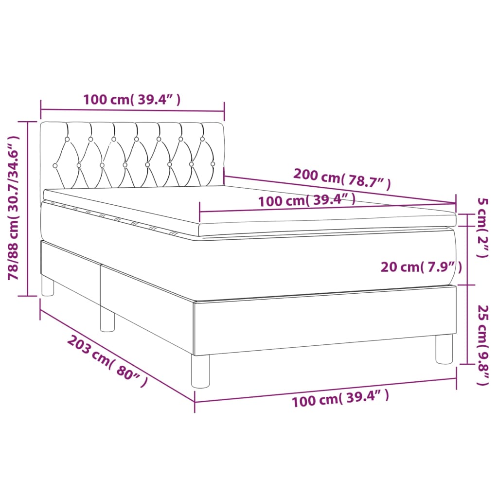 vidaXL Κρεβάτι Boxspring με Στρώμα & LED Σκ.Καφέ 100x200 εκ Υφασμάτινο