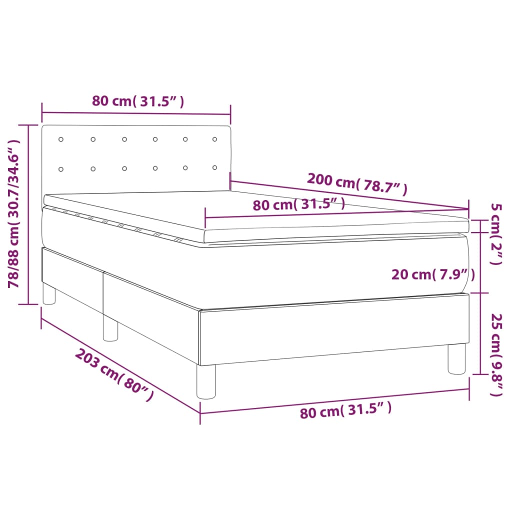 vidaXL Κρεβάτι Boxspring με Στρώμα & LED Σκ.Καφέ 80x200 εκ. Υφασμάτινο