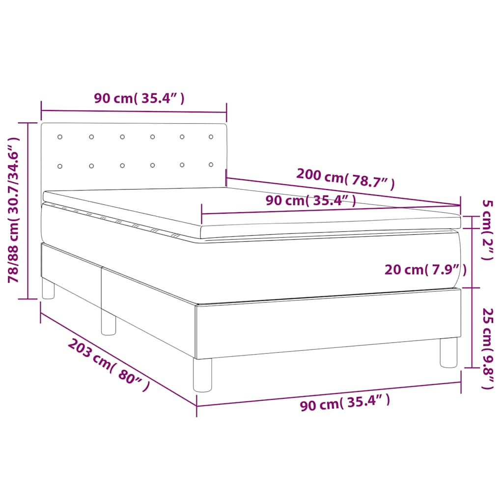 vidaXL Κρεβάτι Boxspring με Στρώμα & LED Σκ.Καφέ 90x200 εκ. Υφασμάτινο