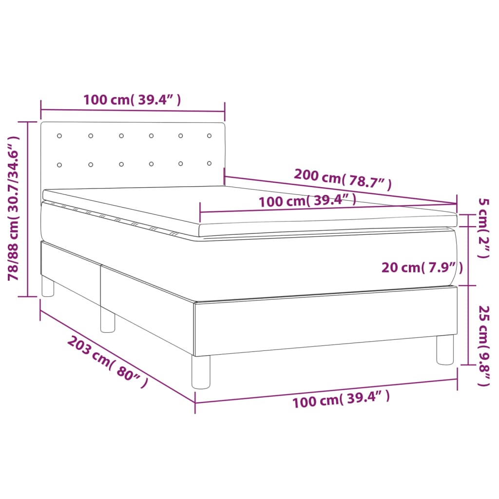 vidaXL Κρεβάτι Boxspring με Στρώμα & LED Taupe 100x200 εκ. Υφασμάτινο