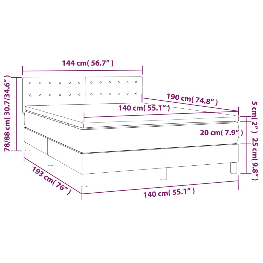 vidaXL Κρεβάτι Boxspring με Στρώμα & LED Σκ.Καφέ 140x190 εκ Υφασμάτινο