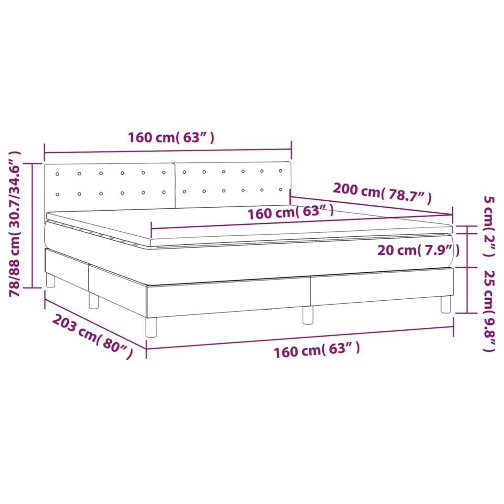 vidaXL Κρεβάτι Boxspring με Στρώμα & LED Σκ.Καφέ 160x200 εκ Υφασμάτινο