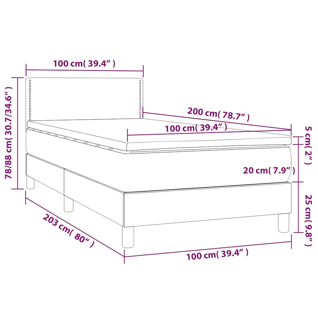 vidaXL Κρεβάτι Boxspring με Στρώμα & LED Μαύρο 100x200 εκ. Βελούδινο