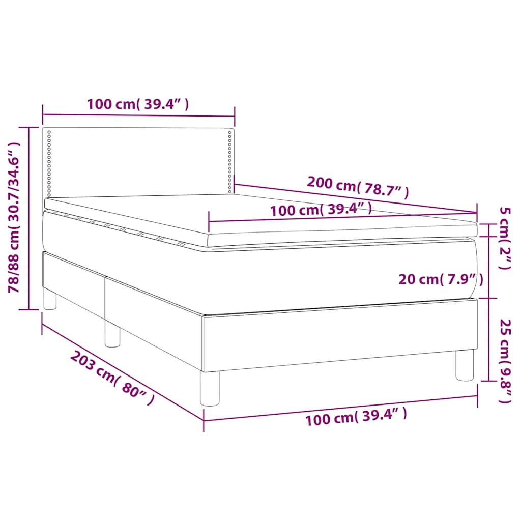 vidaXL Κρεβάτι Boxspring με Στρώμα & LED Σκ. Πράσινο 100x200εκ Βελούδο
