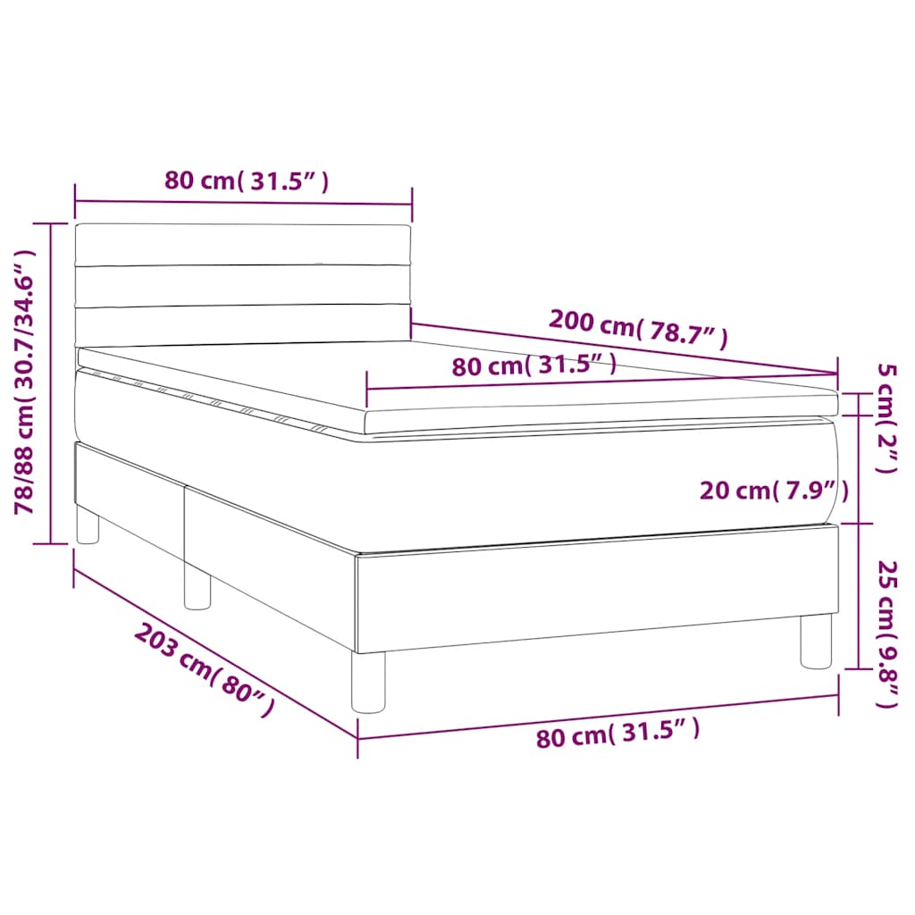 vidaXL Κρεβάτι Boxspring με Στρώμα & LED Σκ. Μπλε 80x200 εκ. Βελούδινο