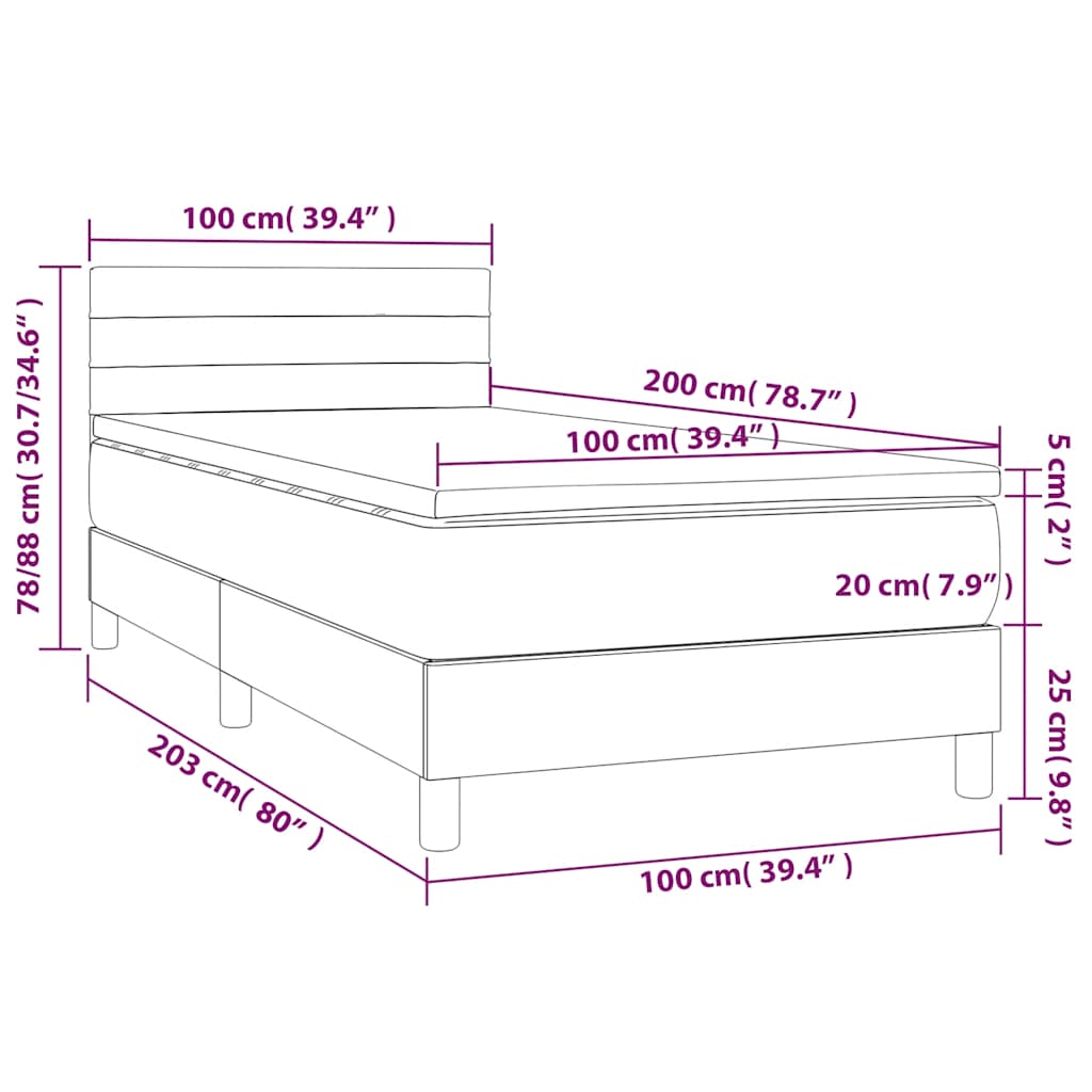 vidaXL Κρεβάτι Boxspring με Στρώμα & LED Σκ. Πράσινο 100x200εκ Βελούδο