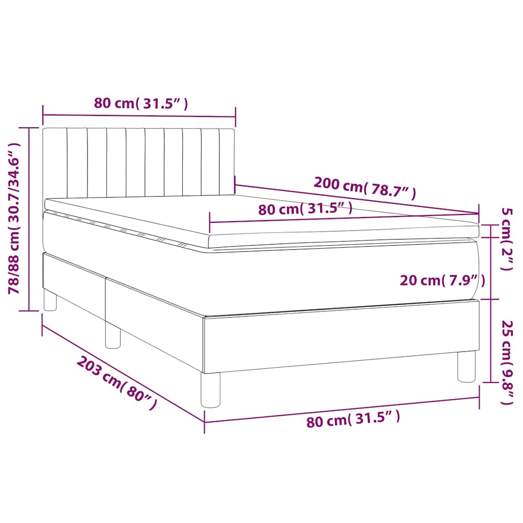 vidaXL Κρεβάτι Boxspring με Στρώμα & LED Σκ. Πράσινο 80x200 εκ Βελούδο