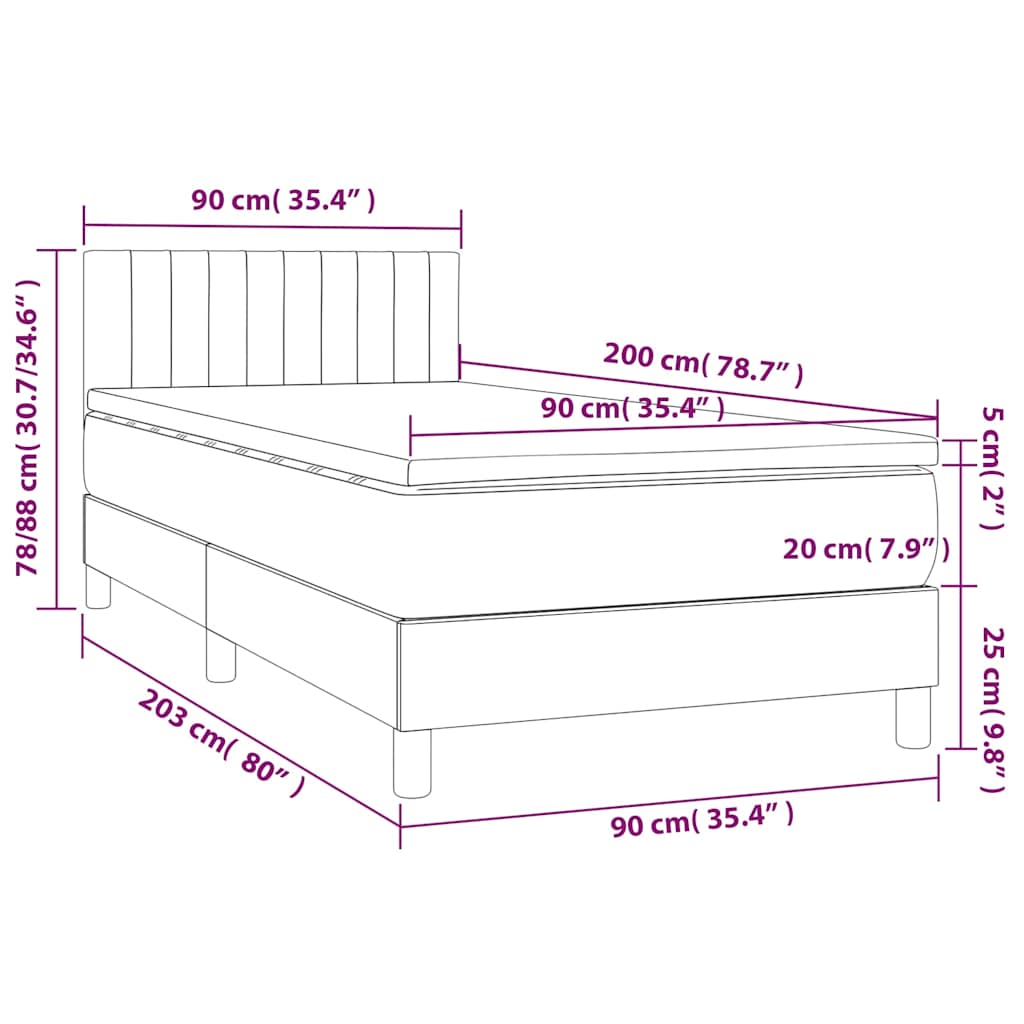 vidaXL Κρεβάτι Boxspring με Στρώμα & LED Μαύρο 90x200 εκ. Βελούδινο