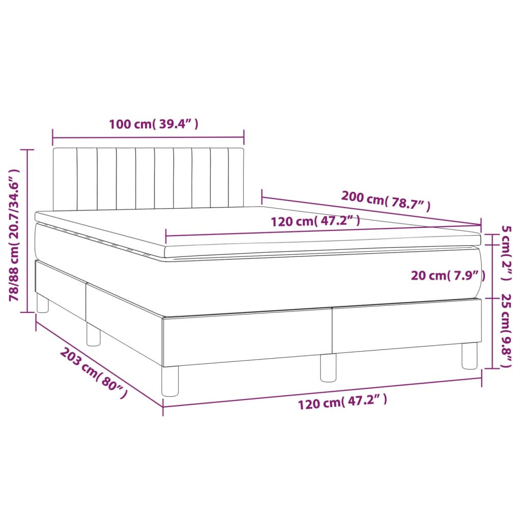 vidaXL Κρεβάτι Boxspring με Στρώμα & LED Αν.Γκρι 120x200 εκ. Βελούδινο