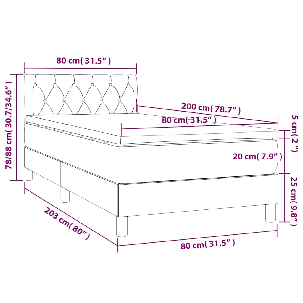 vidaXL Κρεβάτι Boxspring με Στρώμα & LED Αν.Γκρι 80x200 εκ. Βελούδινο