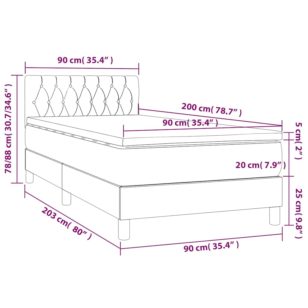vidaXL Κρεβάτι Boxspring με Στρώμα & LED Σκ. Πράσινο 90x200 εκ Βελούδο