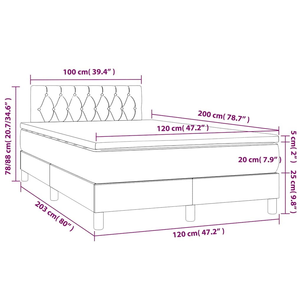 vidaXL Κρεβάτι Boxspring με Στρώμα & LED Σκ. Μπλε 120x200εκ. Βελούδινο