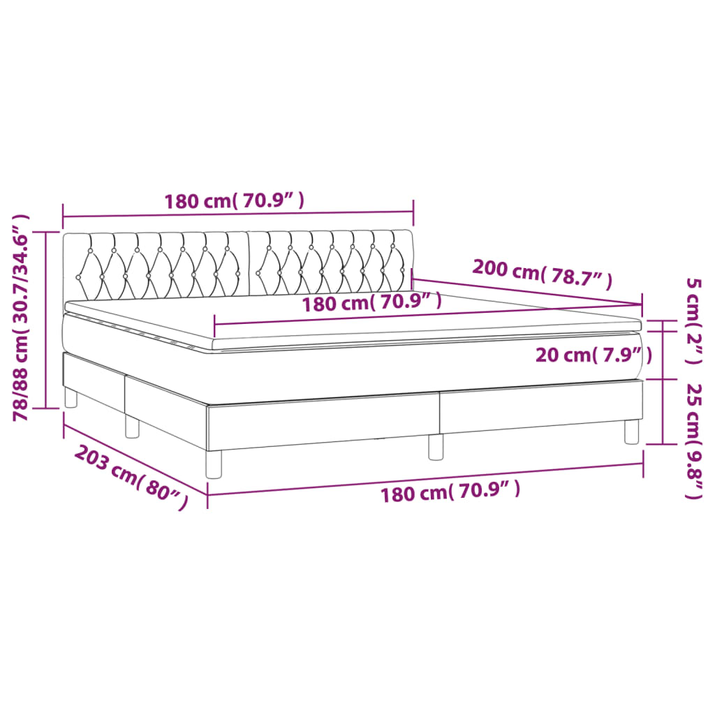 vidaXL Κρεβάτι Boxspring με Στρώμα & LED Σκ. Γκρι 180x200εκ. Βελούδινο