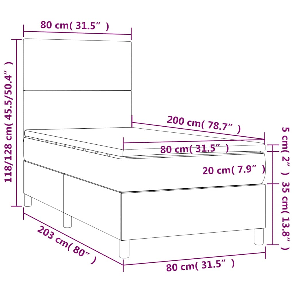 vidaXL Κρεβάτι Boxspring με Στρώμα & LED Μαύρο 80x200 εκ. Υφασμάτινο