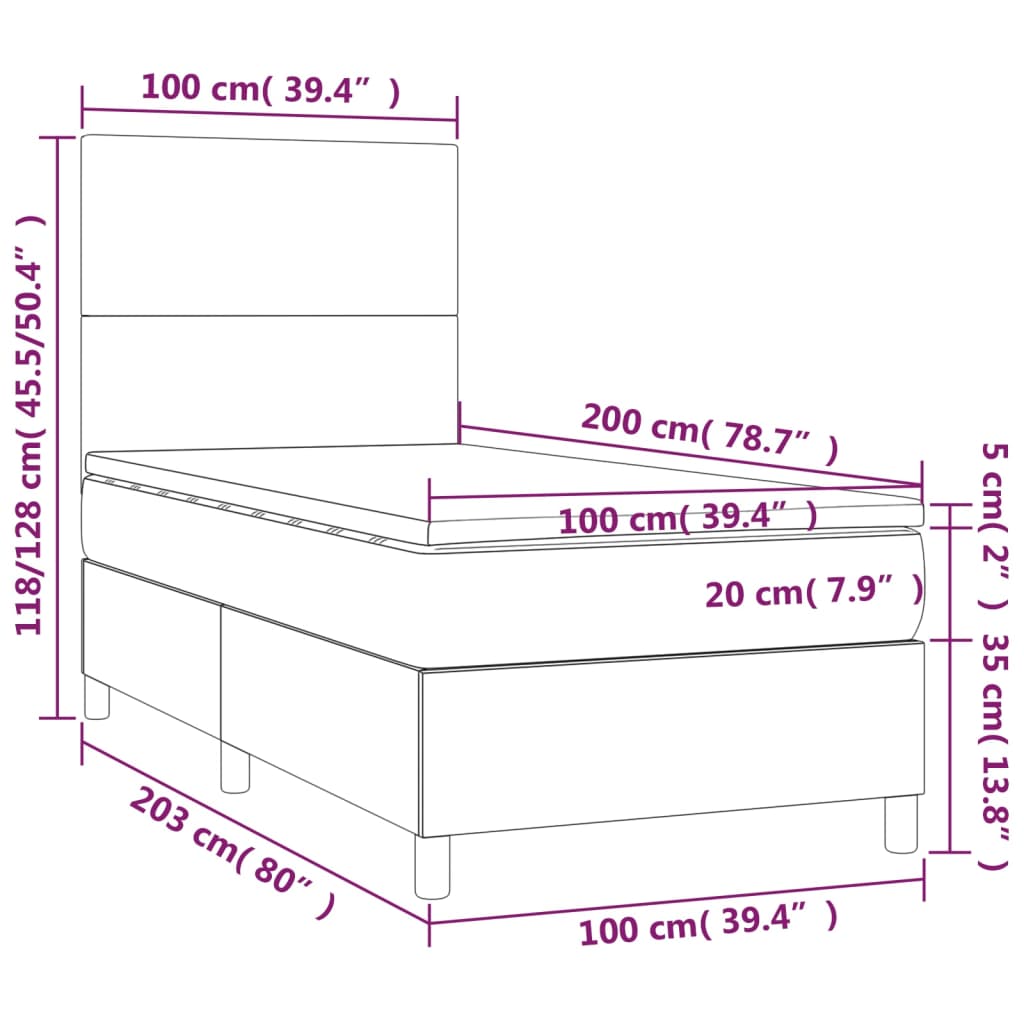 vidaXL Κρεβάτι Boxspring με Στρώμα & LED Κρεμ 100x200 εκ. Υφασμάτινο