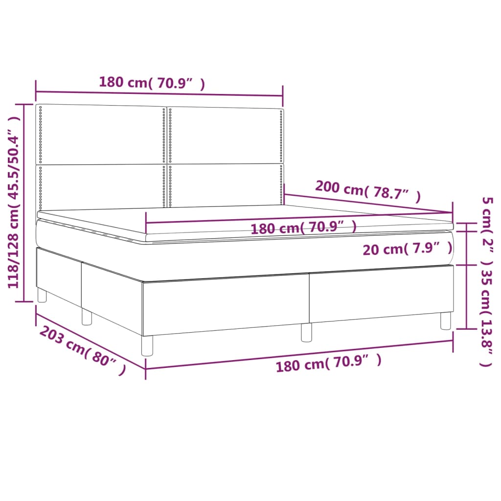 vidaXL Κρεβάτι Boxspring με Στρώμα & LED Κρεμ 180x200 εκ. Υφασμάτινο