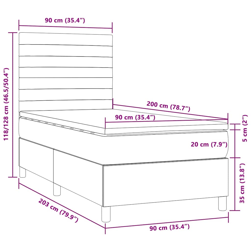 vidaXL Κρεβάτι Boxspring με Στρώμα & LED Σκ.Καφέ 90x200 εκ. Υφασμάτινο