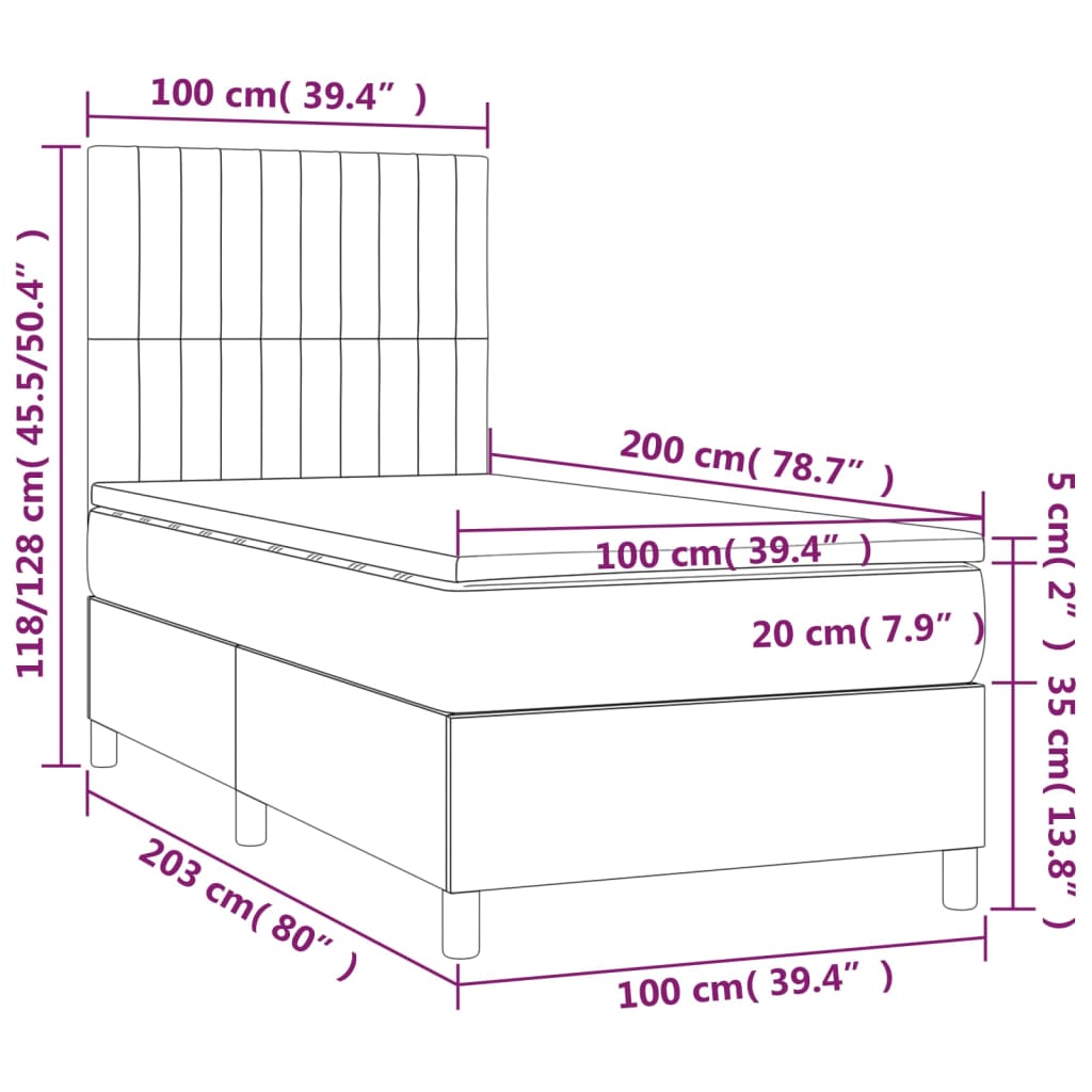 vidaXL Κρεβάτι Boxspring με Στρώμα & LED Αν.Γκρι 100x200εκ. Υφασμάτινο
