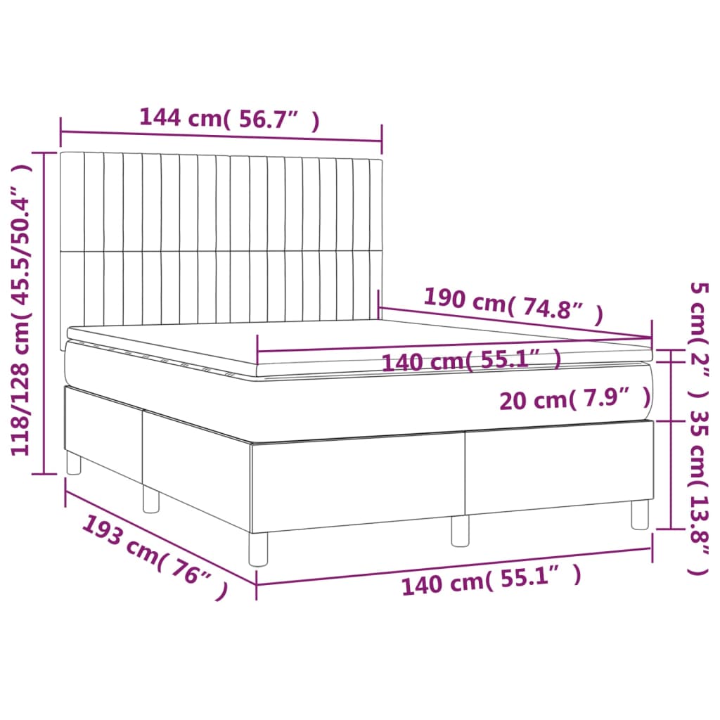 vidaXL Κρεβάτι Boxspring με Στρώμα & LED Αν.Γκρι 140x190εκ. Υφασμάτινο
