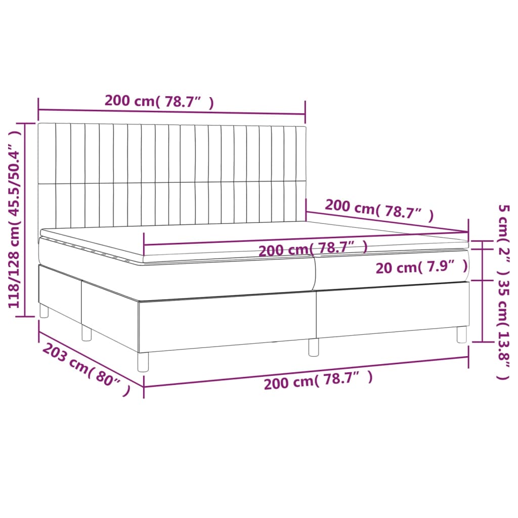 vidaXL Κρεβάτι Boxspring με Στρώμα & LED Σκ.Γκρι 200x200εκ. Υφασμάτινο