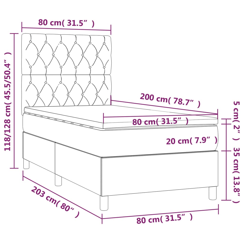 vidaXL Κρεβάτι Boxspring με Στρώμα & LED Taupe 80x200 εκ. Υφασμάτινο