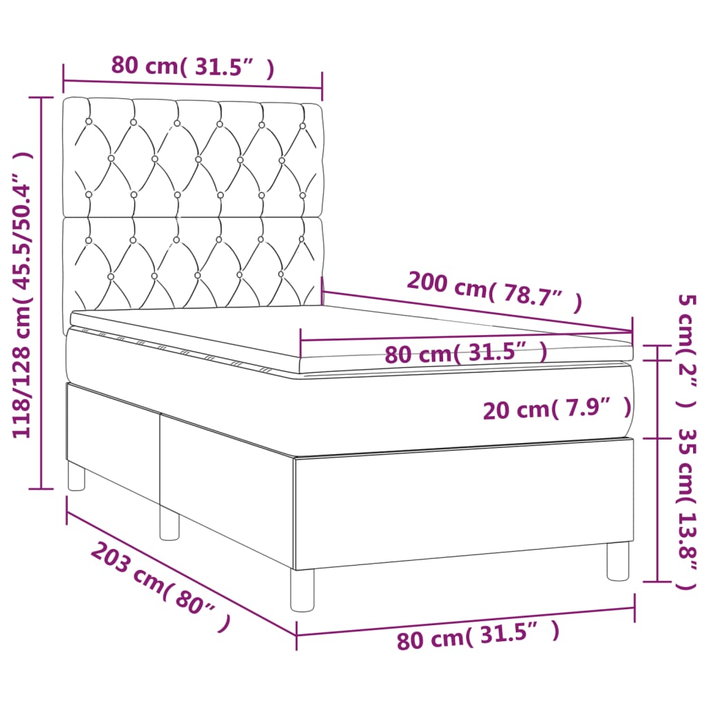 vidaXL Κρεβάτι Boxspring με Στρώμα & LED Μπλε 80x200 εκ. Υφασμάτινο