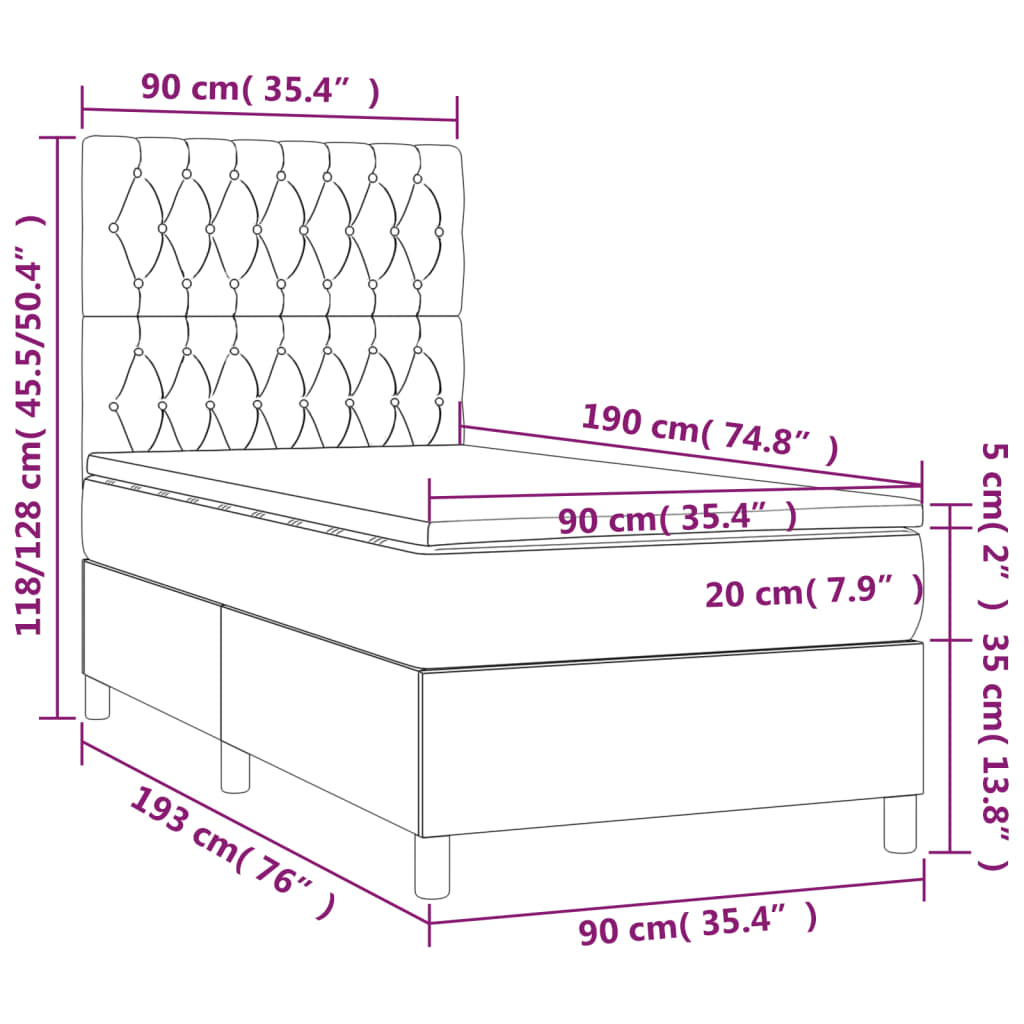 vidaXL Κρεβάτι Boxspring με Στρώμα & LED Σκ.Καφέ 90x190 εκ. Υφασμάτινο