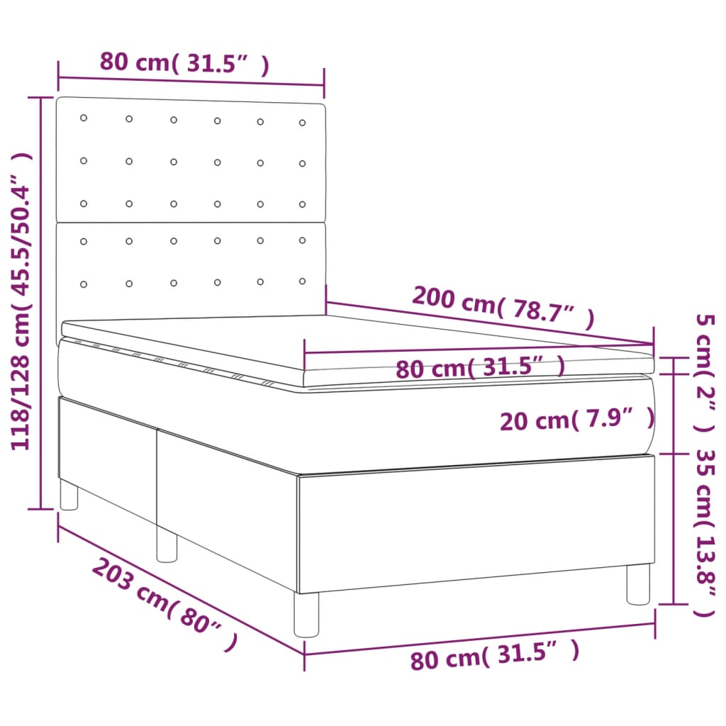 vidaXL Κρεβάτι Boxspring με Στρώμα & LED Taupe 80x200 εκ. Υφασμάτινο