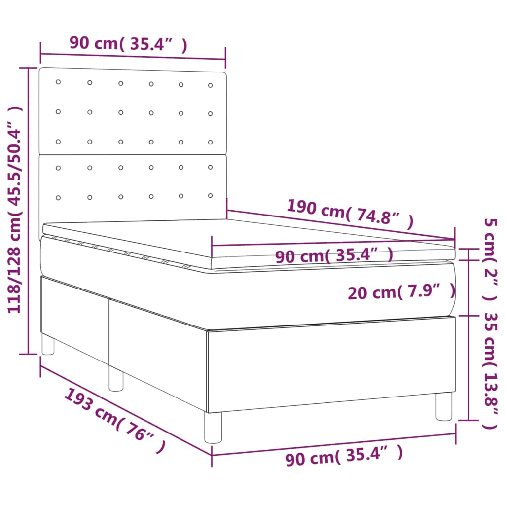 vidaXL Κρεβάτι Boxspring με Στρώμα & LED Σκ.Καφέ 90x190 εκ. Υφασμάτινο