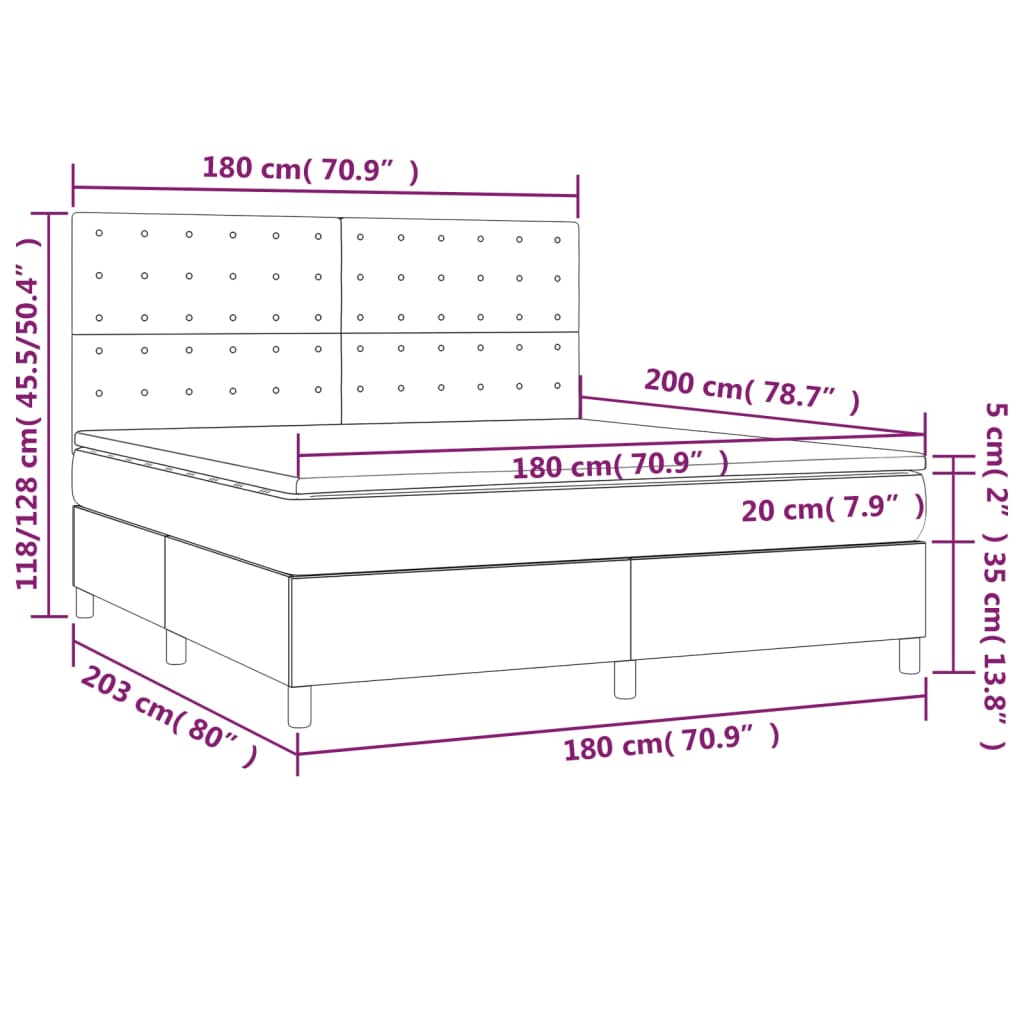 vidaXL Κρεβάτι Boxspring με Στρώμα & LED Κρεμ 180x200 εκ. Υφασμάτινο
