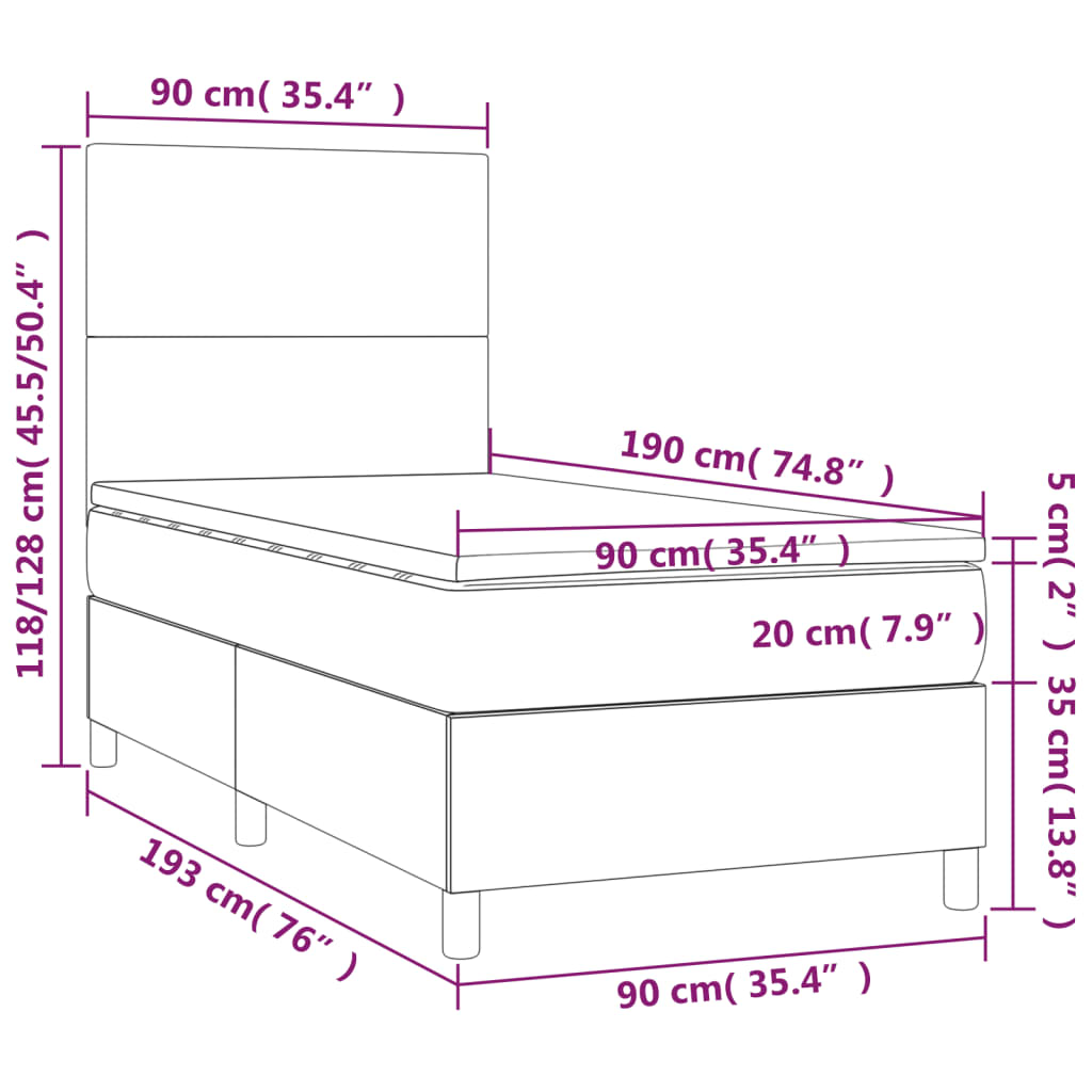 vidaXL Κρεβάτι Boxspring με Στρώμα & LED Σκ.Καφέ 90x190 εκ. Υφασμάτινο